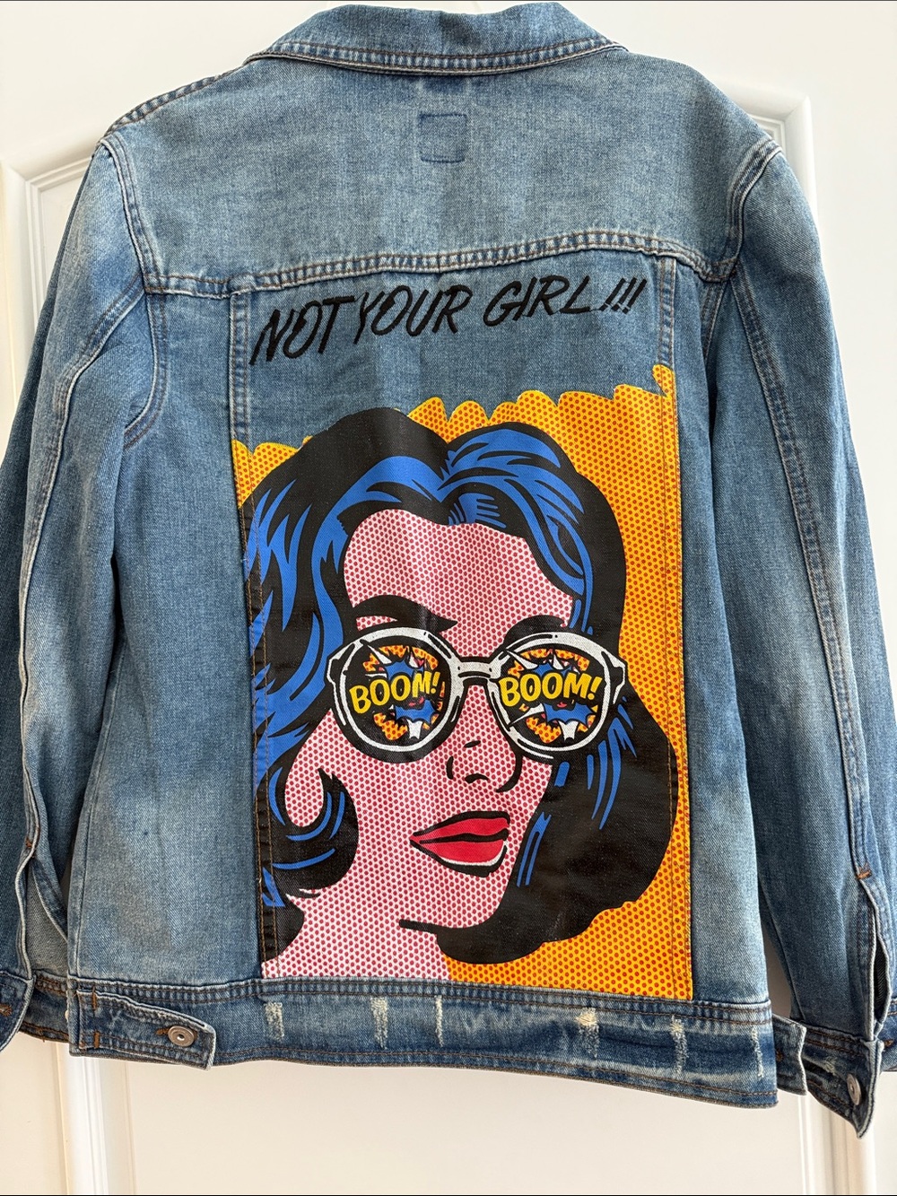 Not Your Girl Denim Jacket with Pop-Art Back Panel - Blue
